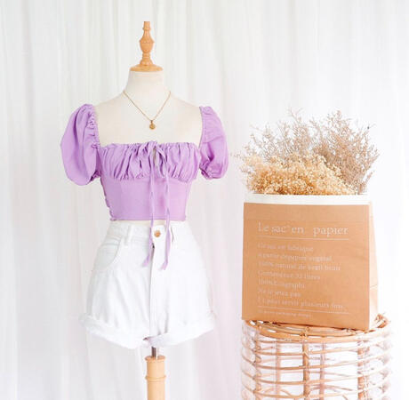 Puff Sleeve Squared Neck Bustier Tie Crop Top